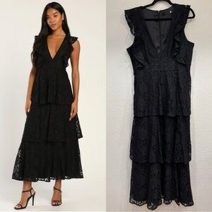 Sz XL NWOT Lulus Molinetto Black Lace Ruffled Tiered Sleeveless‎ Maxi Dress